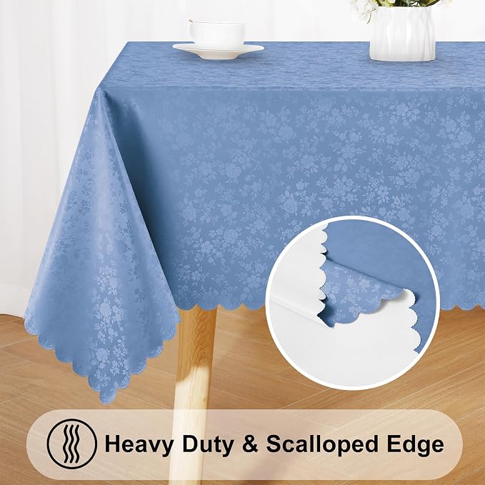 Smiry Rectangle Waterproof Heavy Duty Vinyl Tablecloths, 60 x 84 Inch | Wipeable Washable Floral Embossed Table Cover for Kitchen and Dining Room, Indoor & Outdoor Use, Haze Blue - Image 4