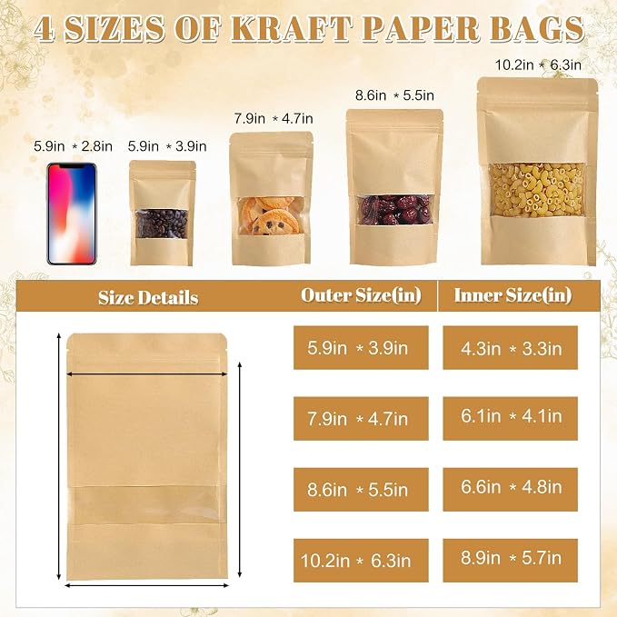 Wsicse 100 Pcs Kraft Stand Up Pouches With Window, 4 Sizes, Brown | Resealable Zipper, Heat-Sealable Cpp Lining, Moisture Resistant, Clear Window, 25 Bags Per Size For Snacks And Baked Goods - Image 2