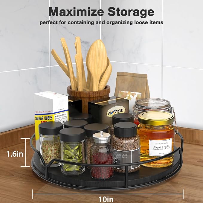 Lazy Susan Turntable Organizer with Anti-Slip Mat for Cabinet Pantry Kitchen Countertop Refrigerator Office, Pine Wood, 13", Black - Image 3