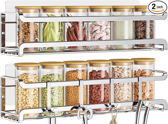 Bunoxea Spice Rack Wall Mounted 2 Pack, Silver,For Spice Jars & Seasonings | 2 Removalble Hooks,Screw or Adhesive Hanging, Space-Saving,For Kitchen Cabinet, Pantry Door,Stove,RV Use,11.41x2.75x2.75in by Bunoxea