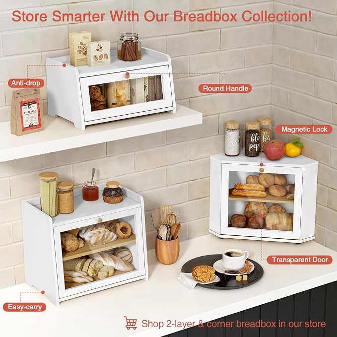 Goozii White Bread Box for Kitchen Countertop, Modern Counter Breadbox for Homemade Bread, Large Corner Bread Storage Container for Sourdough Loaf Organizers and Storage (White Bamboo Wood) - Image 5
