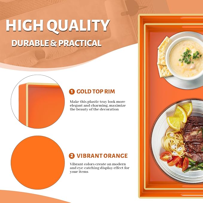 MAONAME Orange Serving Tray with Handles, Plastic Decorative Tray Set of 2 | Decorative Tray for Coffee Table, Modern Ottoman Tray, Rectangle Melamine Tray for Living Room, 15.8"L x 10.2"W x 1.4"H - Image 3