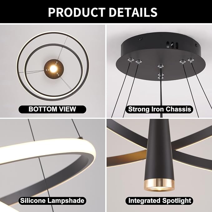 ORANOOR Modern LED Chandelier, Dimmable 20inch Black Kitchen Pendant Lights | Dining Room Light Fixtures Ceiling Hanging, 2 Ring Round LED Chandeliers for Bedroom Living Room Staircase Over Table, 3360lm - Image 3