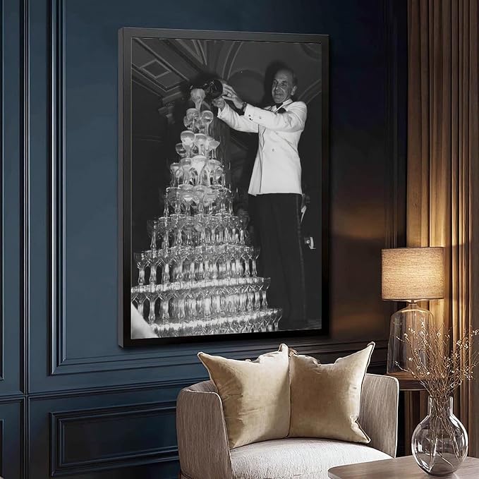 Champagne Tower 1920s, Pouring Over Stacked Glasses Black And White , Alcohol Poster, Bar Cart , Retro Wall Decor Canvas Poster Bedroom Decor Sports Landscape Office Room Decor Gift Black Frame 12x18i - Image 3