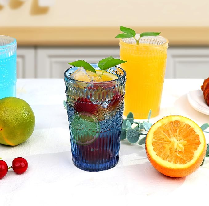 Loivttvv 6pcs Vintage Drinking Glasses Set, 12 oz Blue Highball Glasses, Embossed Ribbed Glassware Cups for Cocktail, Water, Juice, Coffee, Whiskey - Image 5