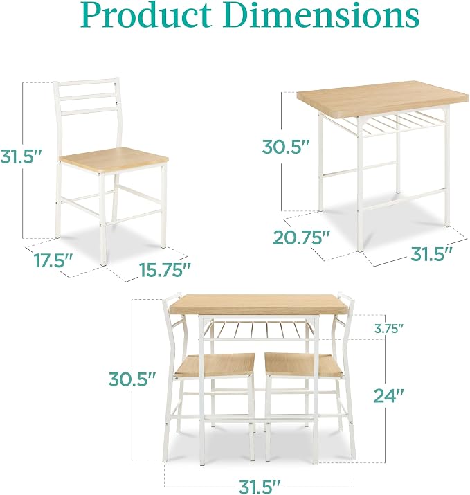 Best Choice Products 3-Piece Modern Dining Set, Space Saving Dinette for Kitchen, Dining Room, Small Space w/Steel Frame, Built-in Storage Rack - Natural/White - Image 2
