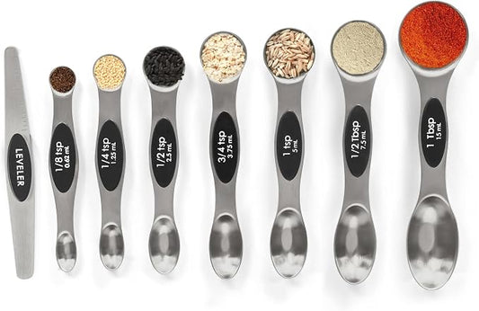 Magnetic Measuring Spoons Set with Leveler, Stackable Stainless Steel Tablespoons for Baking, Fits in Spice Jars by BIDFUL