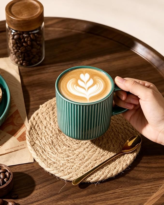 famiware Coffee Mug Set for 4, Star 12 oz Catering Mugs Cup Set with Handle for Coffee, Tea, Cocoa, Milk- Ceramic Stoneware Drinkware Set, Sage Green - Image 2