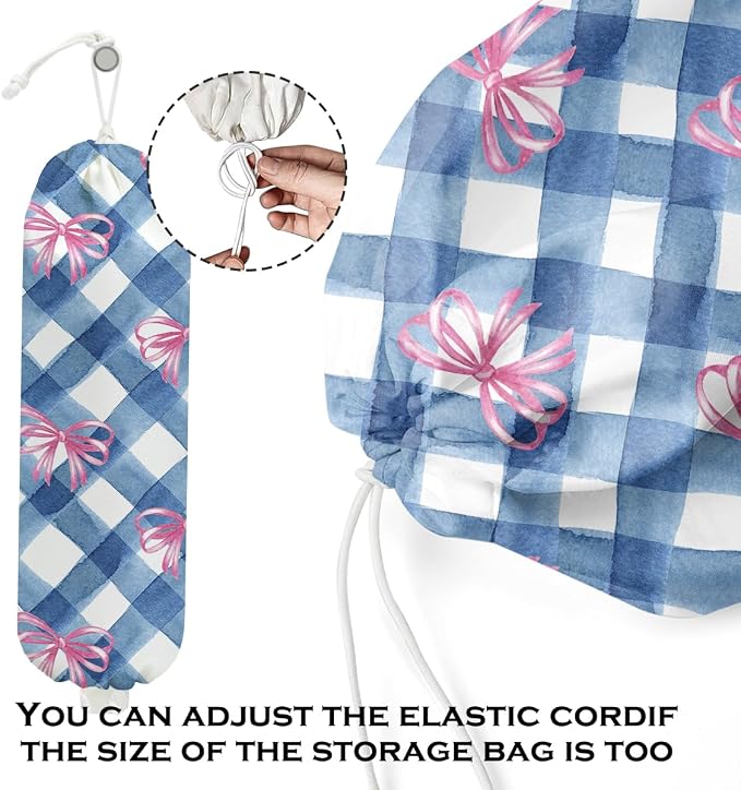 Pink Bow Plastic Bag Holder for Kitchen Essentials, Wall Mount Grocery Bag | Holder for Plastic Bags, Blue White Plaid Reusable Shopping Bags Storage Dispenser for Home Kitchen Pantry, 22.5x9 Inch - Image 4