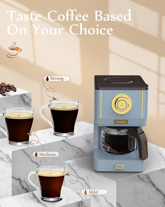 Amaste Coffee Maker, 5 Cup Coffee Pot with Three Brewing Modes, Retro Coffee Maker with Glass Carafe & Reusable Coffee Filter, Drip Coffee Maker Ideal for Home or Office, Warming Plate, Ash Blue - Image 3