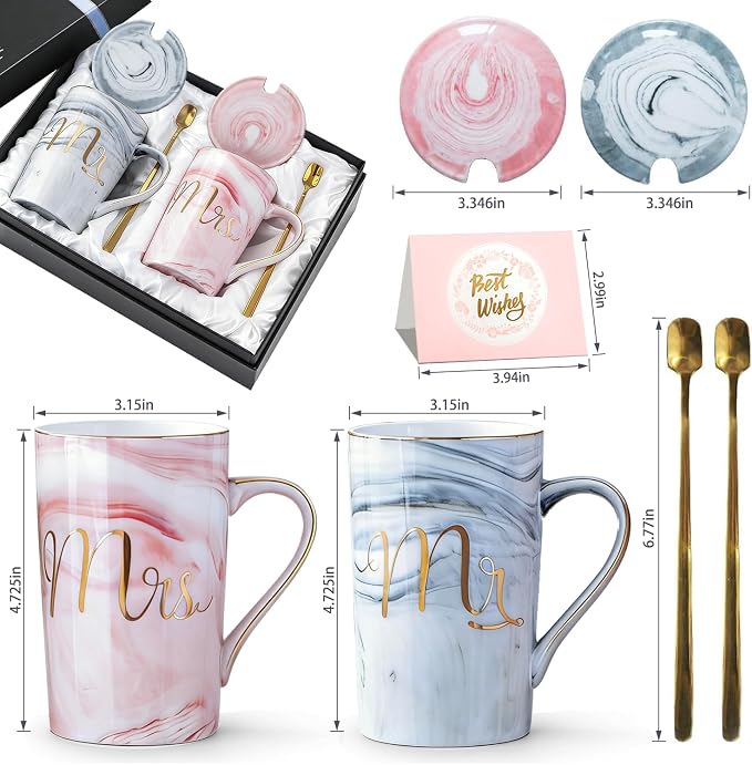 Jumway Wedding Gifts for Couples 2026, Gifts for Bridal Shower Engagement Bride and Groom Anniversary -Ceramic Marble Coffee Mugs with Real Gold Mr/Mrs Letters 14 Oz Pink - Image 2