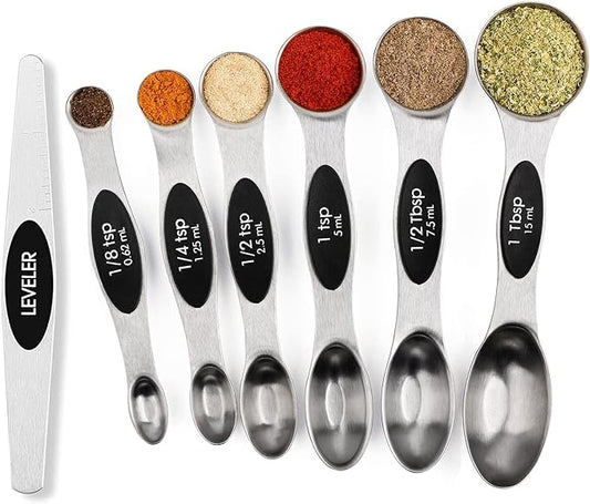 Magnetic Measuring Spoons Set Stainless Steel with Leveler, Stackable Metal Tablespoon Measure Spoon for Baking, Cups and Spoon Set Kitchen Gadgets Apartment Essentials Fits in Spice Jars by BIDFUL