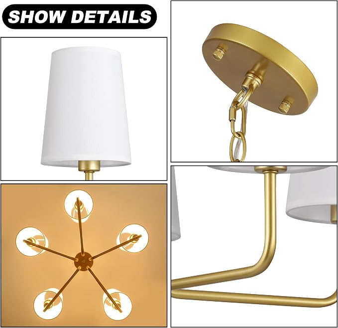 Modern Farmhouse Chandelier, 5-Light Gold Chandelier White Fabric Shade, Height Adjustable Industrial Pendant Light for Kitchen Over Table, 25‘’Dining Room Light Fixture for Living Room - Image 7
