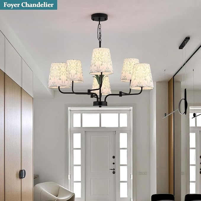 Black Chandeliers with White Fabric Shade, Farmhouse Green Plants Chandelier for Dining Room, Linear Island Lighting Fixture for Kitchen, Industrial, Foyer, Entryway, Living Room,Nature - Image 3