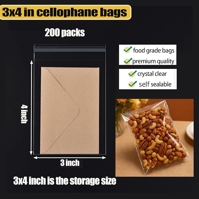 Nobranded 200 pcs Clear 3" x 4" Self Seal Cello Cellophane Bags Resealable Poly Bags 2.8 mils for Cookie, Candy, Gift Bakery, Prints, Photos, Cards & Envelopes, Party Decorative - Image 2