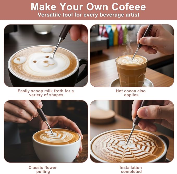 Latte Art Pen Set, 2-Pack Latte Art Pen Cinnamon Pens for Coffee, Stainless Steel Wooden Coffee Bar Accessories, Coffees Station Accessories for Barista Make Creative Designs Decors