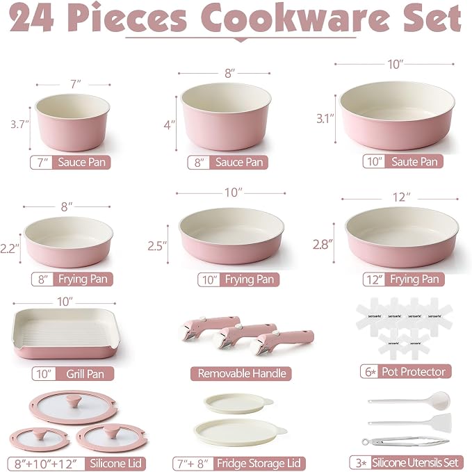 SENSARTE 24 Piece Ceramic Detachable Handle Pots and Pans Set Pink | Ceramic Cookware Set, Induction Cookware Set with Removable Handle, Healthy Non Stick for RV, Dishwasher ＆ Oven Safe - Image 2