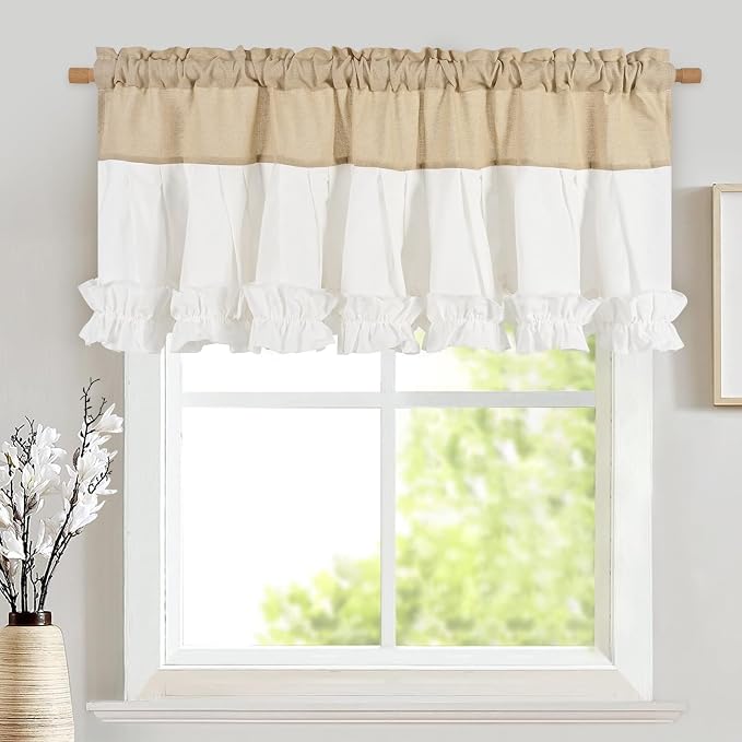 Likiyol Linen Valances for Windows Farmhouse Ruffle Valance Rustic Country Window Valances Light Filtering Kitchen Curtains Rod Pocket Valance Curtains for Bathroom Cafe, Linen White, 52" W X 18" L by Likiyol