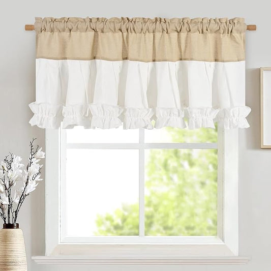 Likiyol Linen Valances for Windows Farmhouse Ruffle Valance Rustic Country Window Valances Light Filtering Kitchen Curtains Rod Pocket Valance Curtains for Bathroom Cafe, Linen White, 52" W X 18" L by Likiyol