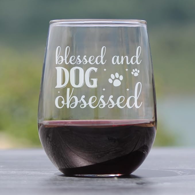 Blessed Dog Obsessed 17oz Stemless Wine Glass, Hand Engraved Pet Lover, Mom Etched Glassware - Image 2