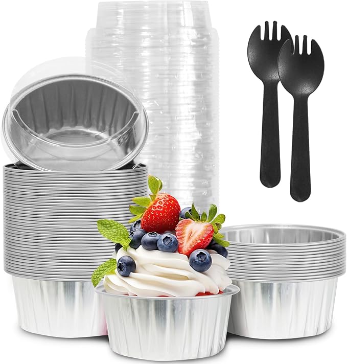 50Pcs Mini Aluminum Foil Cupcake,5oz silvery Baking Cups with Lids | Disposable Ramekins for Christmas,Mini Cake Pans,Loaf Pan with Lids,Tin Cups Containers for Cupcake,Pudding,Muffin,Cheesecake by YOIYINI