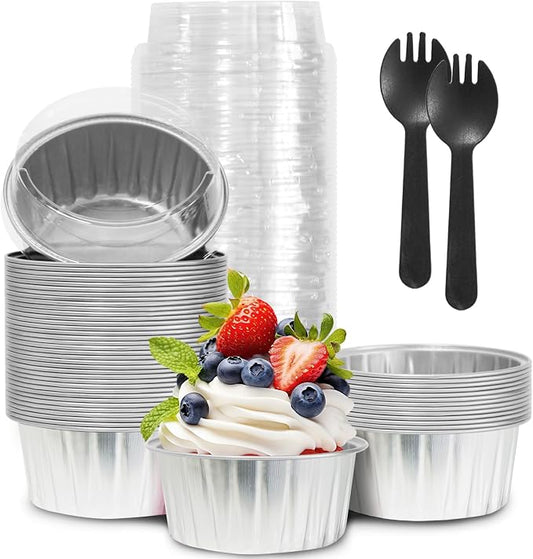 50Pcs Mini Aluminum Foil Cupcake,5oz silvery Baking Cups with Lids | Disposable Ramekins for Christmas,Mini Cake Pans,Loaf Pan with Lids,Tin Cups Containers for Cupcake,Pudding,Muffin,Cheesecake by YOIYINI