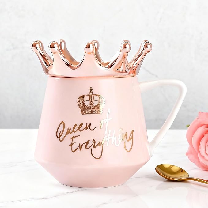 Arawat Pink Queen of Everything Mug with Lid Cute Pink Cup with Crown 12 oz Tea Coffee Mugs Gift with Spoon & Coaster Ceramic Cups Birthday Gifts for Women Girls Friend Valentine's Day Gifts for Women - Image 2