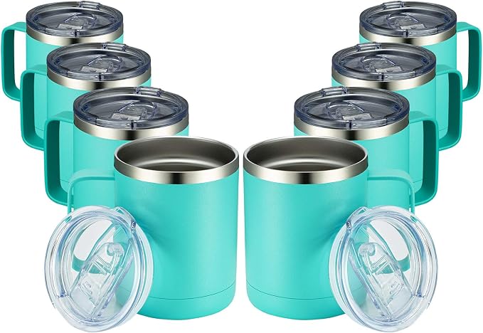 MEWAY 12oz Coffee Mug With Handle 8 Pack Bulk,Stainless Steel Insulated Travel Tumblers With Sliding Lid,Double Wall Vacuum Camping Cup for Hot & Cold Drinks Tea (Light Green,Set of 8) by MEWAY