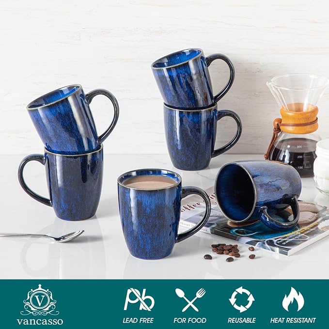 vancasso STARRY Ceramic Coffee Mug Set of 6, 16 Oz Tea Cups with Handle for Latte, Tea, Cappuccino, Milk, Cocoa, Microwave&Dishwasher Safe, Blue - Image 3