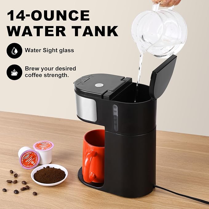 Ranbomer K Cup Coffee Maker, Single Serve coffee machine or Ground Coffee Machine 2 in 1, 6 to 14 Oz Brew Sizes, Mini One Cup Coffee Maker with Self cleaning Function (Black) - Image 7