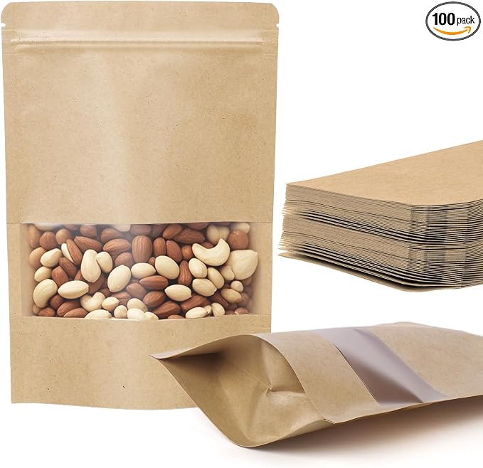 100 Pcs Kraft Paper Bags with Window, 4.7" x 7.9" Stand Up Pouches Bags, Food Storage Bags for Packaging Products, Reusable, Sealable by NKLEI