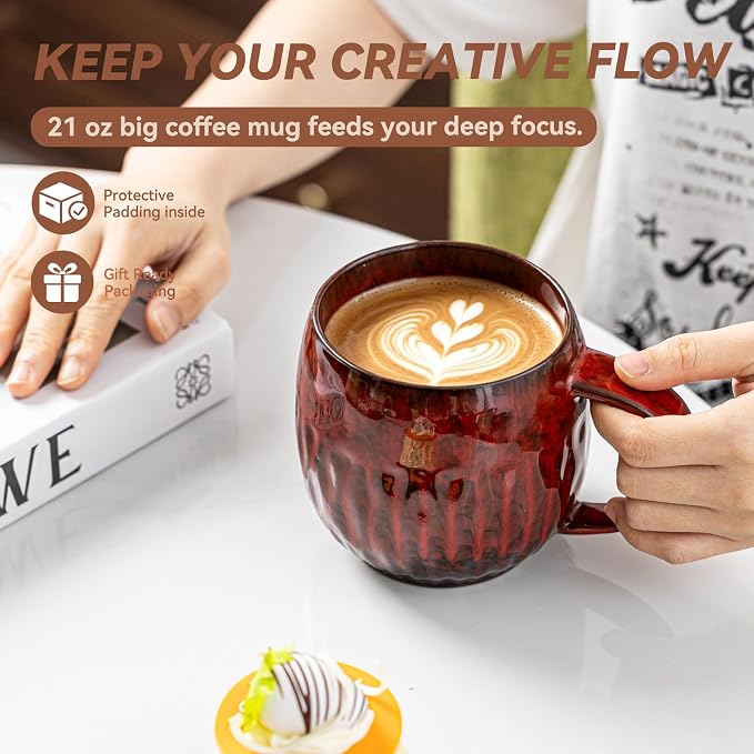 Crimson Surge Ceramic Coffee Mug - 21 oz Unique Reactive Glaze Coffee Cup with Large Handle, Aesthetic Cute Mug for Men Women Desk Gift Box - Image 3
