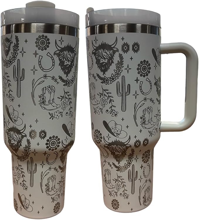 Tumbler, 40oz Tumbler, Western Tumbler, Engraved Cup with Handle, Cute Coffee Mug, 40oz Coffee Mug (White-Cactus cow(F))