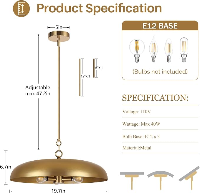 LamQee 20 Inch Oversized Large Pendant Lights, 3-Lights Brushed Gold Modern Dome Chandelier, Farmhouse Metal Pendant Lighting Fixture Ceiling Hanging for Kitchen Island, Dining Room Over Table, Bar - Image 6