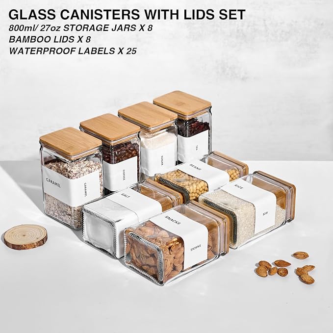 Glass Storage Jars with Bamboo Lids, 27oz Square Spice Jars for Kitchen Pantry Organization, Glass Seasoning Bottles Spice Containers with Labels for Cereal Flour Beans Tea - Image 3