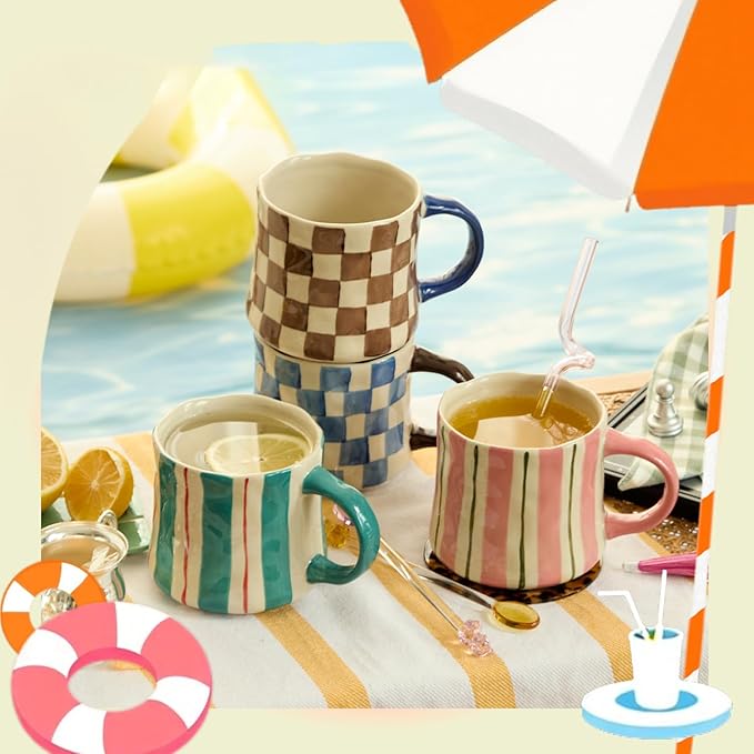 Hand-Painted Ceramic Coffee Mugs Set of 4 – 16oz Large Capacity Artistic Tea Cups with Checkerboard & Striped Patterns, Microwave & Dishwasher Safe for Home, Office, Kitchen (Summer Vibes Collection) by DelightsGalore