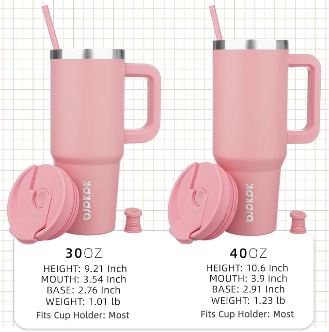 BJPKPK 40 oz Insulated Tumbler with Handle & Straw, Stainless Steel | Double Wall Vacuum Insulation, Leak Proof, BPA Free, Dishwasher Safe, Cupholder Friendly, Travel & Outdoor, Light Pink - Image 4
