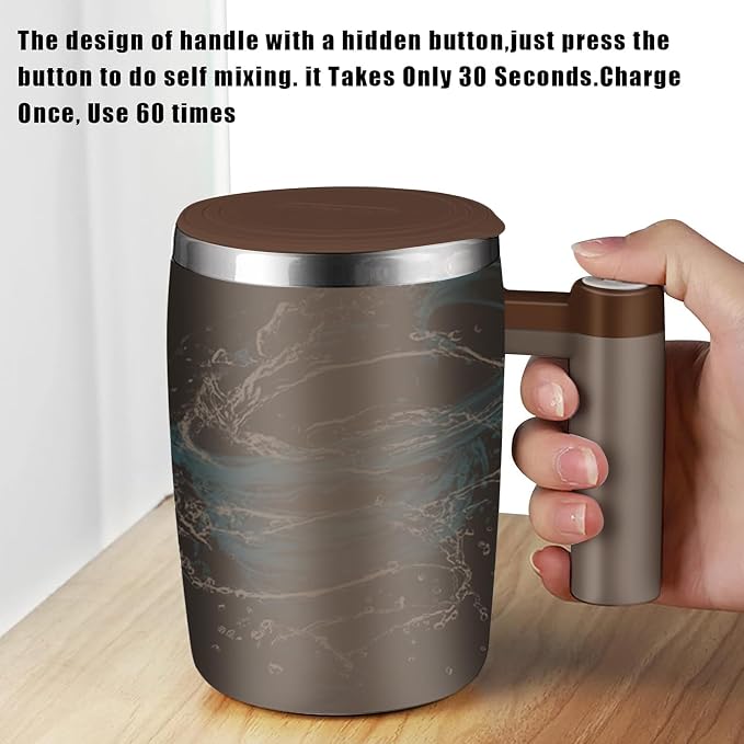 Self Stirring Mug,Rechargeable Auto Magnetic Coffee Mug with 2Pc Stir Bar,Waterproof Automatic Mixing Cup for Milk/Cocoa at Office/Kitchen/Travel 14oz Best Gift - Brown - Image 4