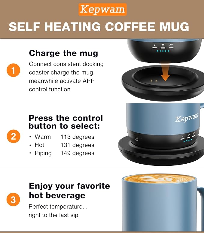 Kepwam Self-Heating Coffee Mug T1-16oz, Fast Heating Rechargeable Heated Coffee Mug, Smart Mug with App & Button Control, Ideal Gift for Coffee Lovers & Hot Drink Enthusiasts - Image 3