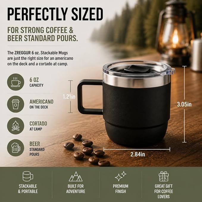 6 oz Stackable Mug, Stainless Steel cup with handle, Vacuum Insulated Espresso/Coffee Mug, shot Glass Set for 2-Piece Set for Coffee, Spirits, Wine, Tea- black - Image 2