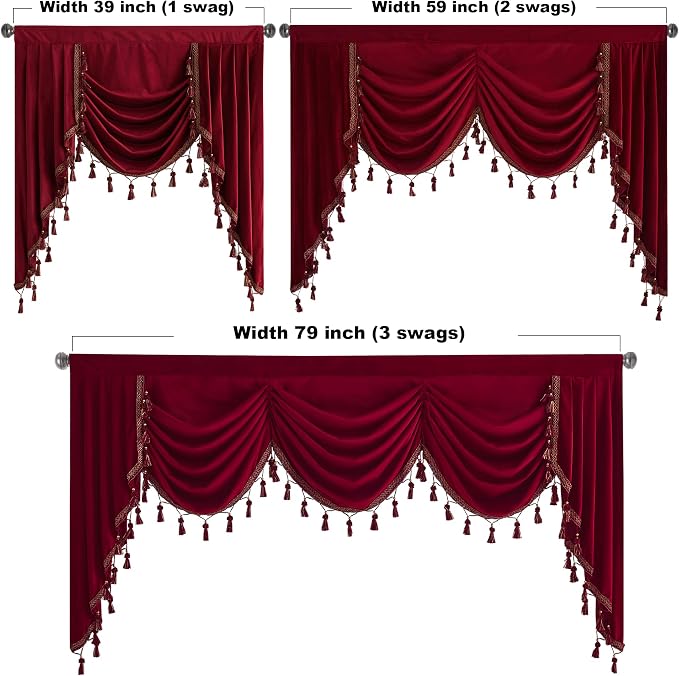 Theater Red Waterfall Valance Curtains W59 inches, 1 Panel | Super Soft Velvet Swag Valances for Christmas Holiday Decoration, Room Darkening Window Drapes for Kitchen, Bedroom - Image 4