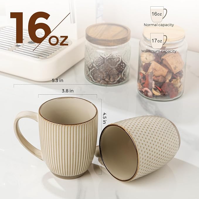 GBhome Large Coffee Mugs Set of 6, 16oz Handmade Embossed Coffee Mugs Set with Large Handle for Cappuccino/Latte/Tea/Hot Cocoa, Dishwasher & Microwave Safe, Khaki - Image 2