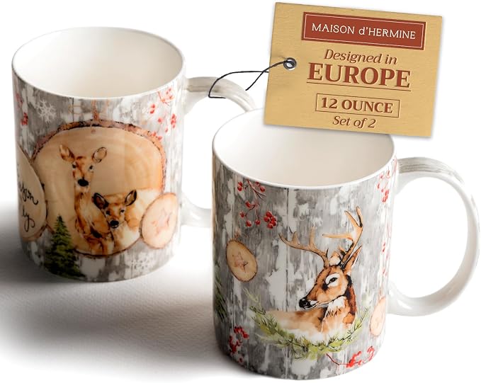 Maison d' Hermine Coffee Mug with Handles Tea Cups (12 Ounce, Pack of 2) | Fine Bone China Coffee Mugs for Hot Beverages Cappuccino Latte Home Restaurant Hotel Spring Summer -Mountain Life by MaisondHermine