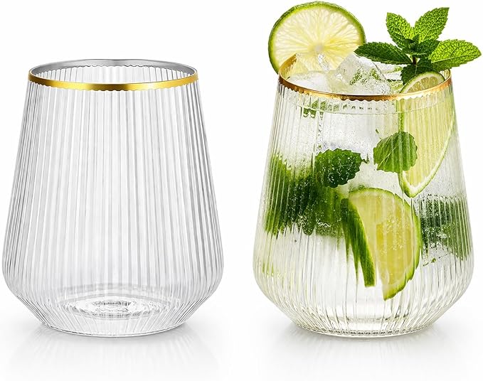 40 Pack 12oz Ribbed Gold Rim Disposable Wine Glasses, Plastic Cocktail Cup | Oojami Stemless Champagne Whiskey Cups, Shatterproof BPA-Free Reusable Recyclable, for Wedding Birthday Party Bar Events by Oojami