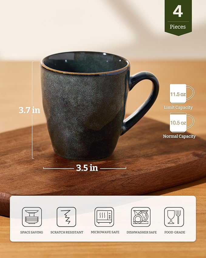 famiware Coffee Mugs Set of 4, Ocean Round 11.5oz Coffee Cup Set with Handle for Cocoa, Milk, Hot Chocolate, Tea or Water, Stoneware Cups for Kitchen, Microwave Dishwasher Safe, Deep Forest - Image 4