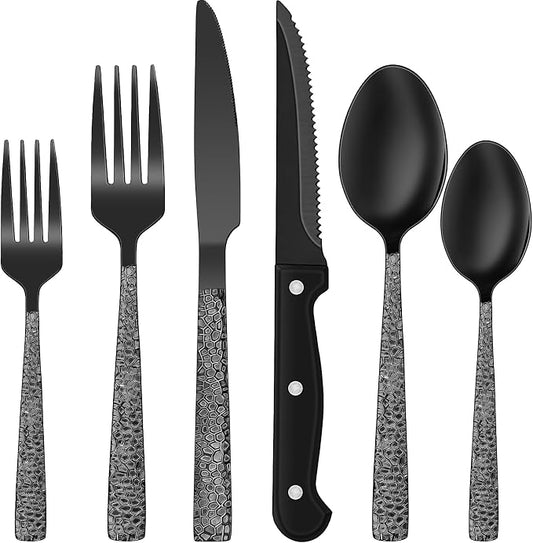 EWFEN 24-Piece Black Silverware Set with Steak Knives, Black Flatware Set for 4, Food-Grade Stainless Steel Tableware Cutlery Set, Mirror Finished Utensil Sets for Home Restaurant, Hammered Edge by EWFEN