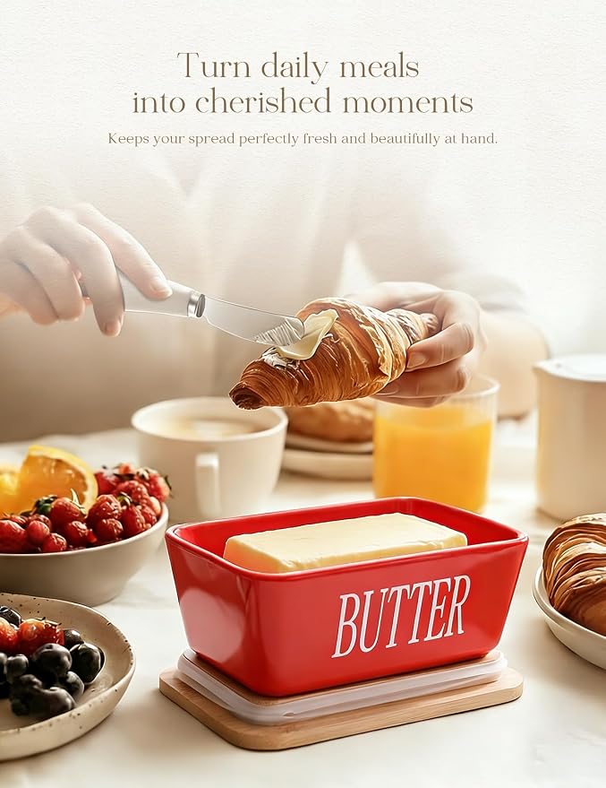 AISBUGUR Large Butter Dish with Lid Ceramics Butter Keeper Container with Knife and High- quality Silicone Sealing Butter Dishes with Covers Good Kitchen Gift Red 6.3 x 3.5 x 2.7 inches | Suitable Capacity, Great Sealing, Home Decor Kitchen Gift Housew... - Image 5