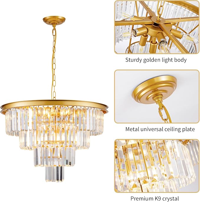10 Light Modern Gold Crystal Chandelier for Dining Room 24'' Dining Room Light Fixture Contemporary Pendant Round 4-Tier Adjustable Height for Living Room, Foyer, Entryway, Bedroom - Image 5