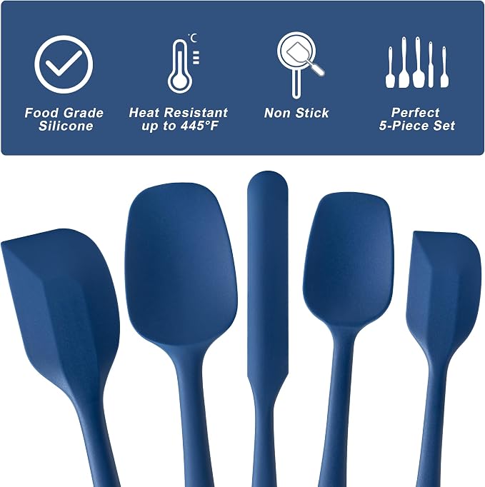 Silicone Spatula Set,5 Piece Food Grade Rubber Spatulas,Navy Blue | Spatulas Silicone Heat Resistant for Baking,Cooking,and Mixing High Heat Resistant Non Stick Dishwasher Safe BPA-Free - Image 3