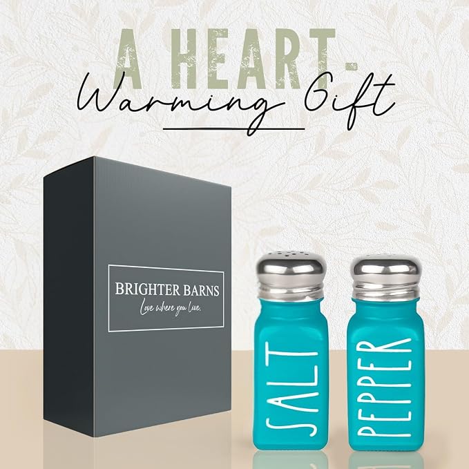 Teal Salt and Pepper Shakers Set by Brighter Barns - Turquoise Kitchen Decor & Turquoise Kitchen Accessories - Cute Modern Farmhouse Glass Shakers for Restaurants Wedding & Stainless Steel Lid (Teal) - Image 5